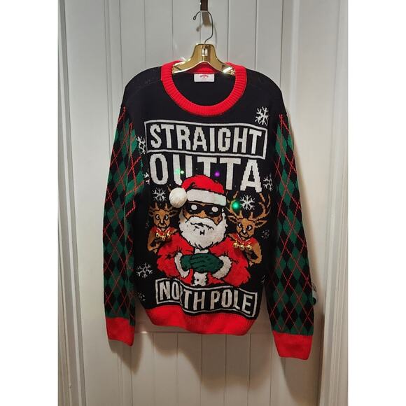 Holiday Time "Light-Up" Straight Outta North Pole Mens L Ugly Chrsitmas Sweater - Picture 3 of 11